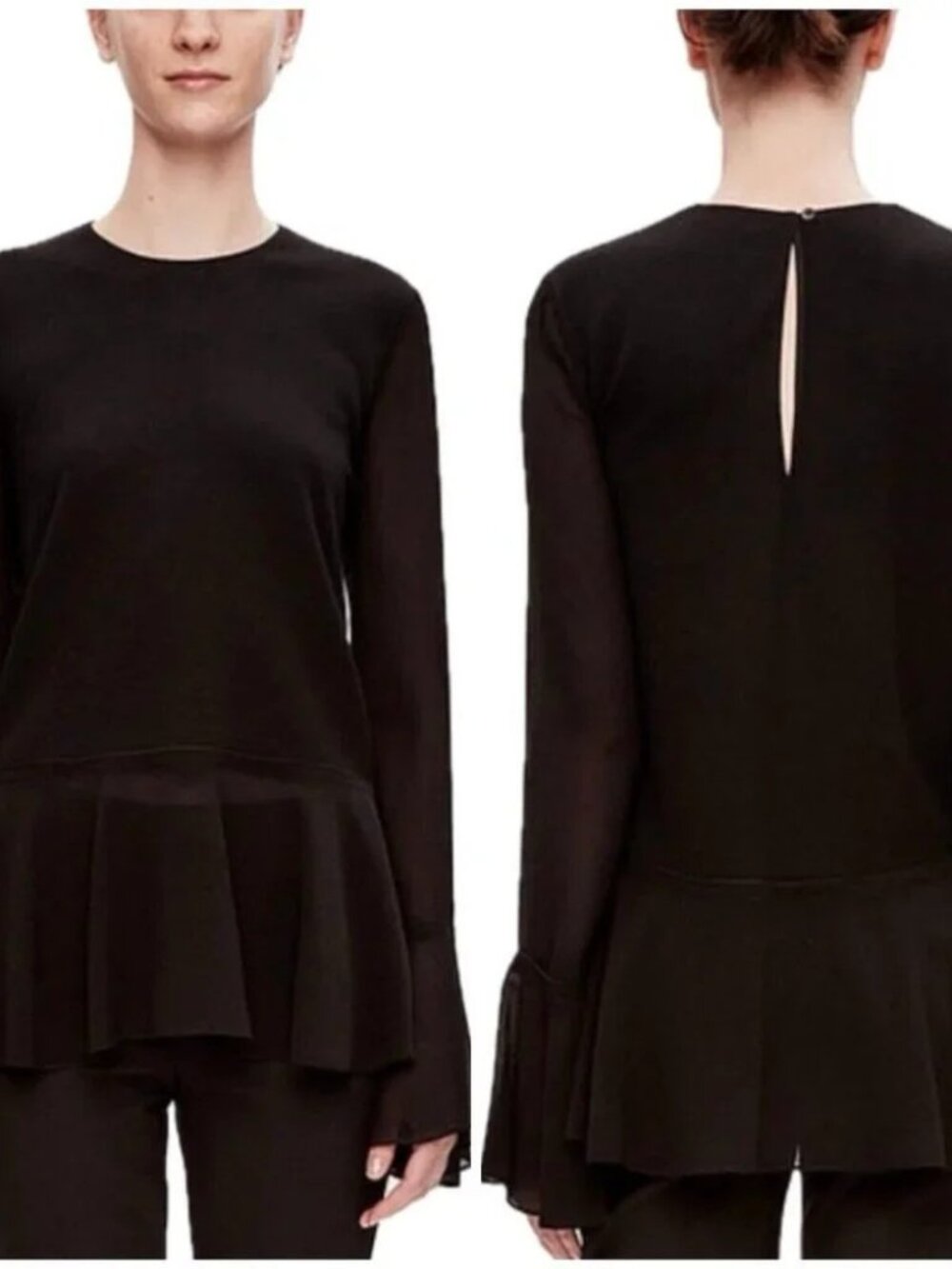 THEORY Black Long Sleeve Wool Peplum Sheer Sleeve/Hem Blouse - EUC - Picture 2 of 11